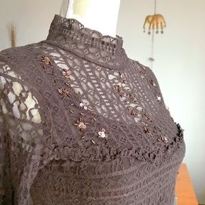 Brown lace top with copper floral beads